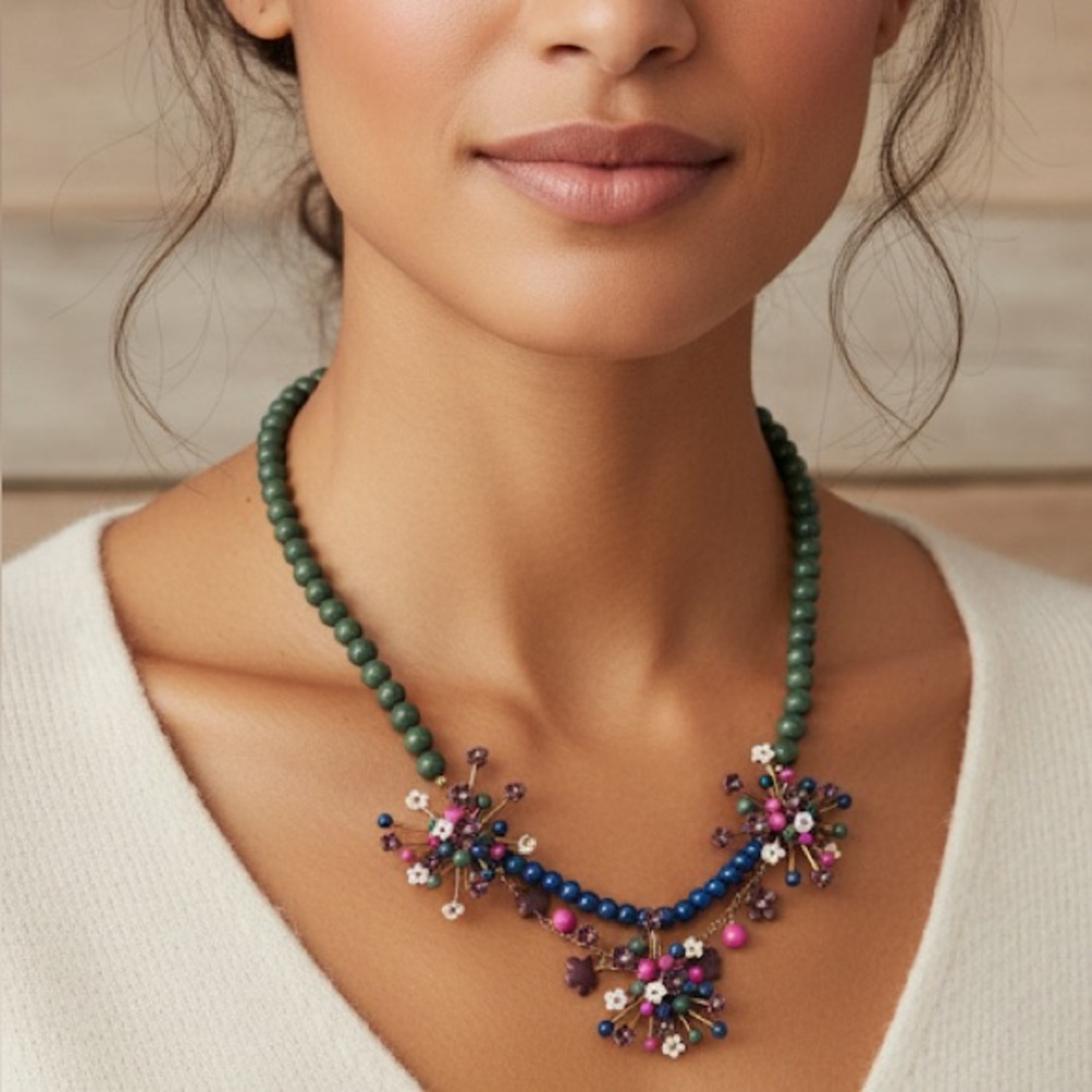 NEW Ann Taylor Enameled Floral Sprays Beaded Necklace